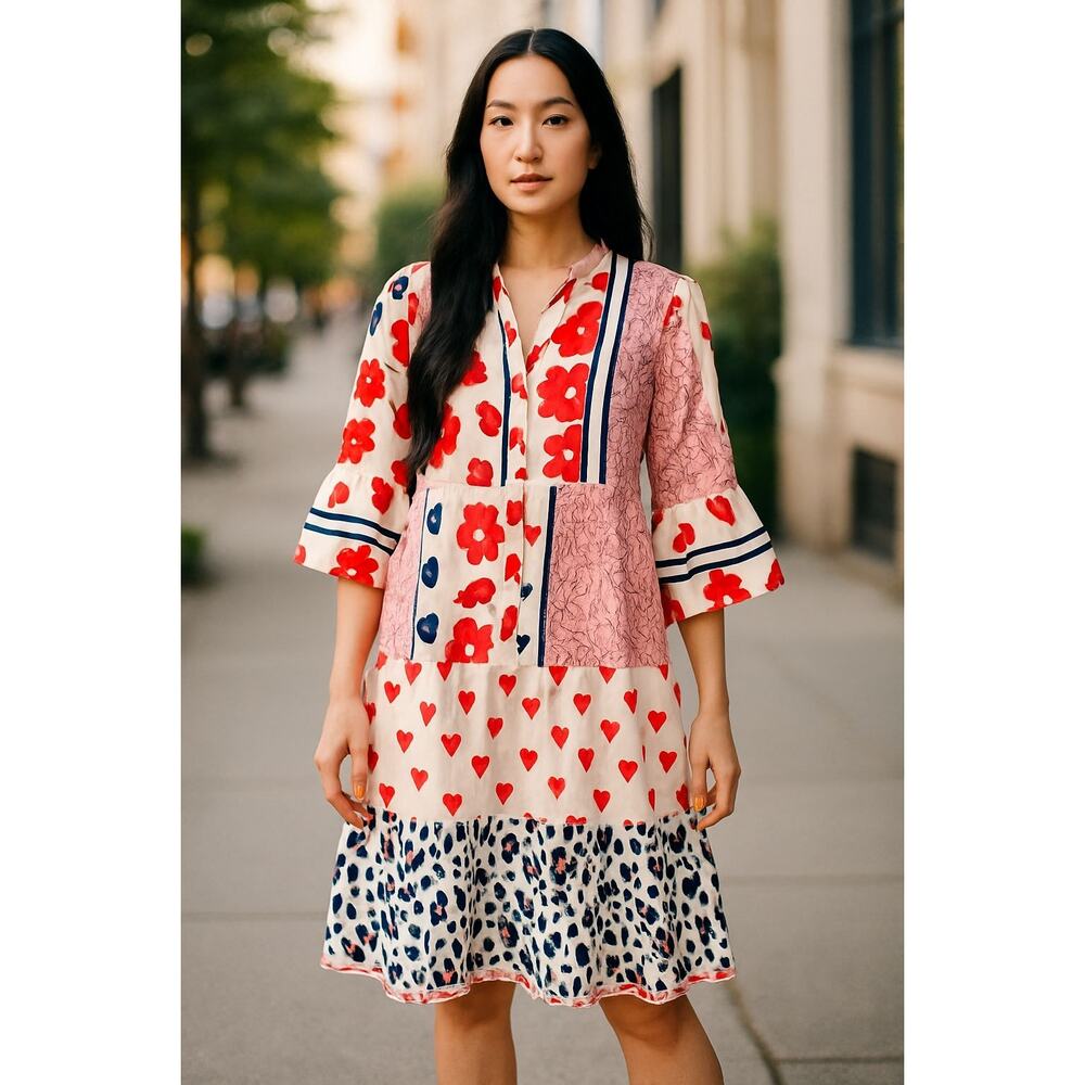 NWT XL Boho Patchwork Dress – Hearts, Florals & Animal Print Festival Statement